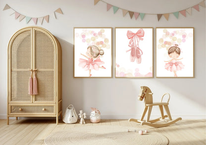 Nursery room with wicker wardrobe, rocking horse, and wall art of ballerinas.