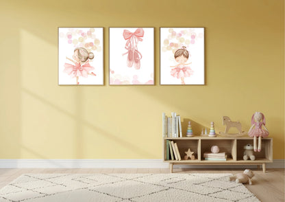 Three framed artworks of a ballerina on a yellow wall above a wooden shelf with toys.