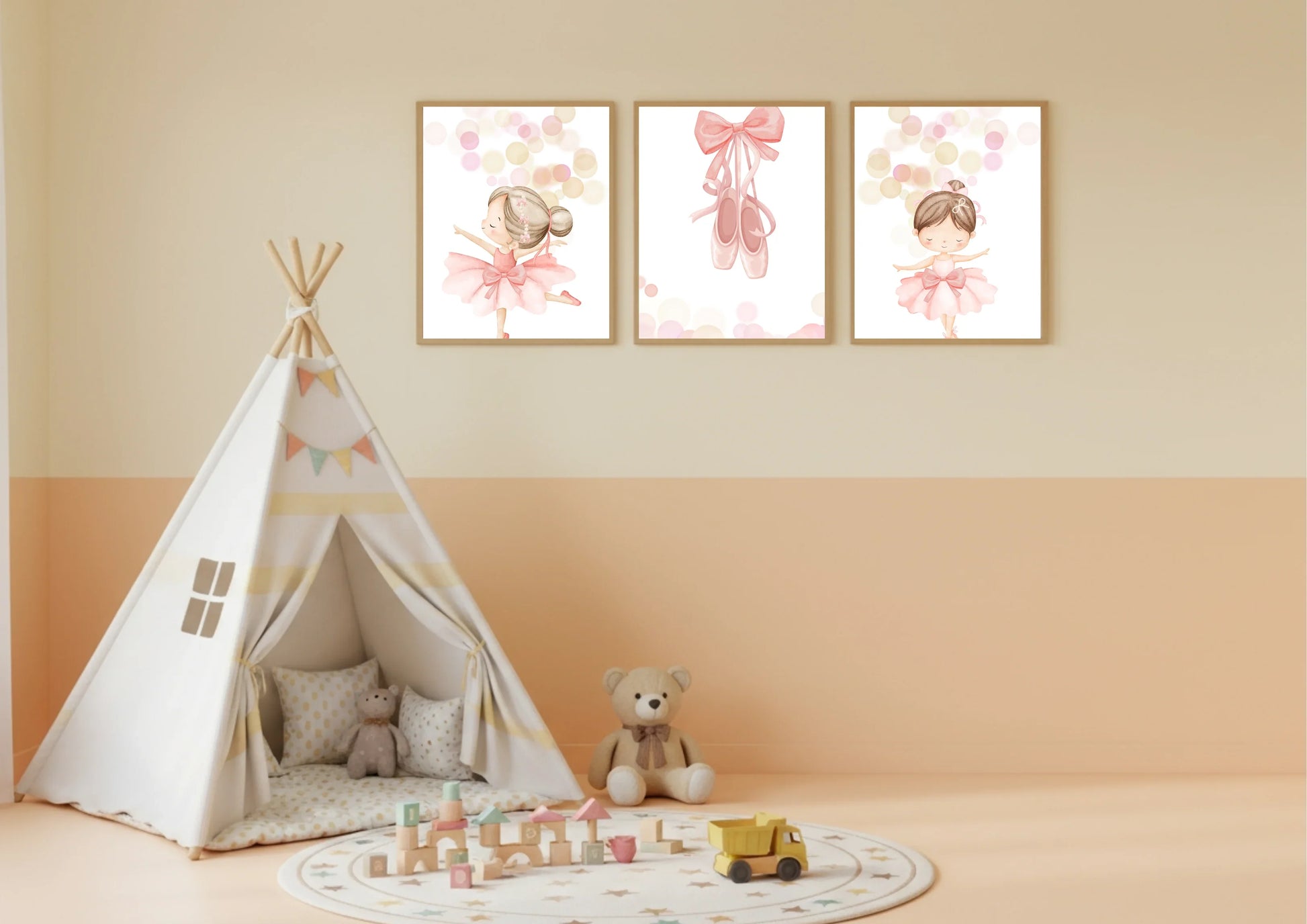 Children's room with a teepee, toys, and wall art featuring ballerinas and ballet shoes.