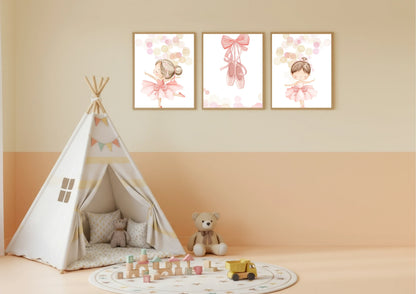 Children's room with a teepee, toys, and wall art featuring ballerinas and ballet shoes.