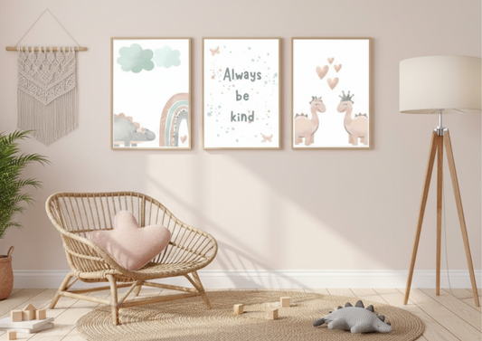 Children's room with a wicker chair, framed posters, and a lamp.