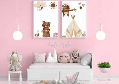 A child's room featuring bright pink walls and a small white toddler bed. Two framed Aztec tribal bear nursery prints hang above the bed, which is decorated with cute, sleepy-themed pillows and a stuffed rabbit.