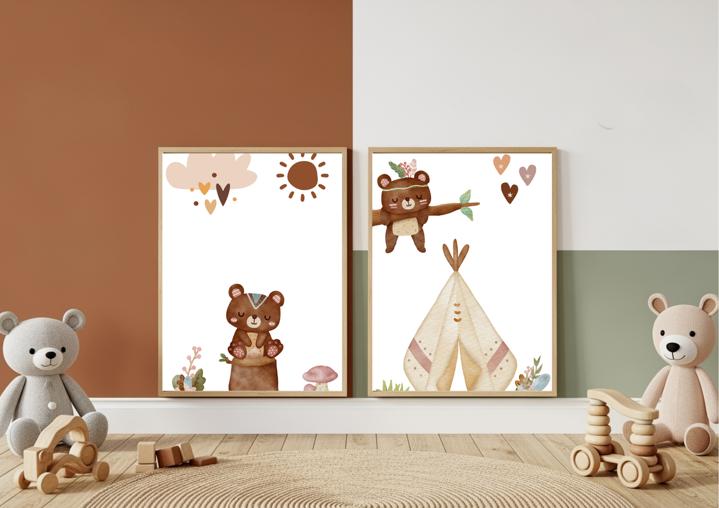 A nursery or playroom with an accent wall split between terracotta and sage green paint. Two framed Aztec tribal bear prints are centered on the wall above a round rug, flanked by two large teddy bears and wooden toys.