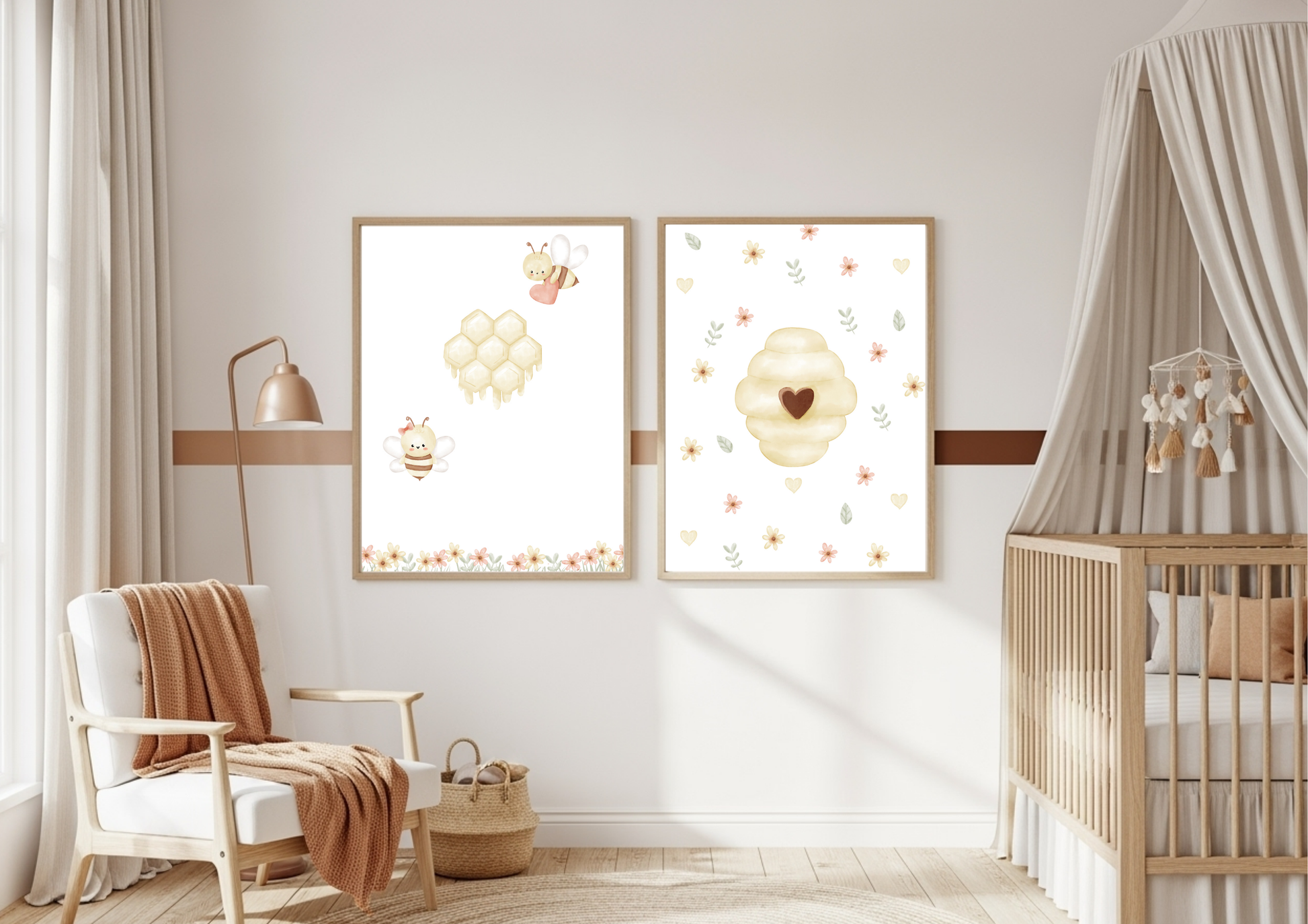 Nursery room with two bee themed framed artworks on the wall, a crib, and a chair.