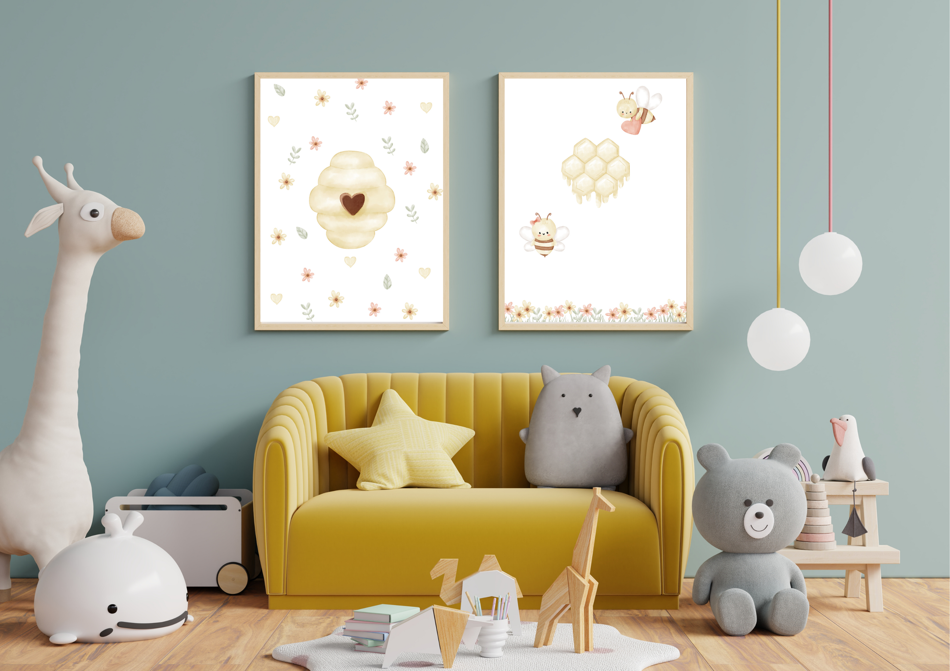 Children's room with yellow sofa, toys, and bee themed wall art on a light blue wall.