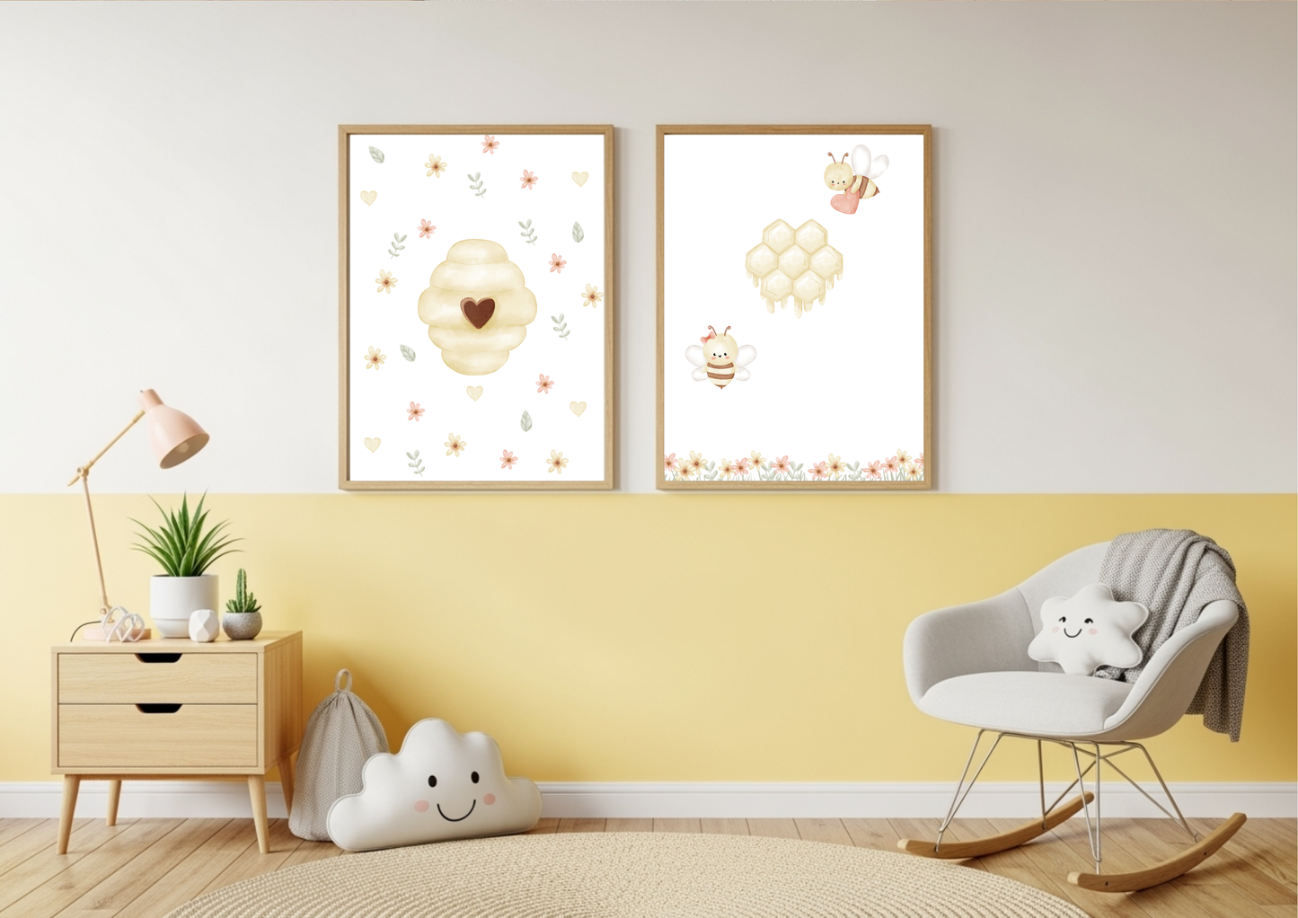 Children's room with yellow wall, rocking chair, and bee themed framed artwork.