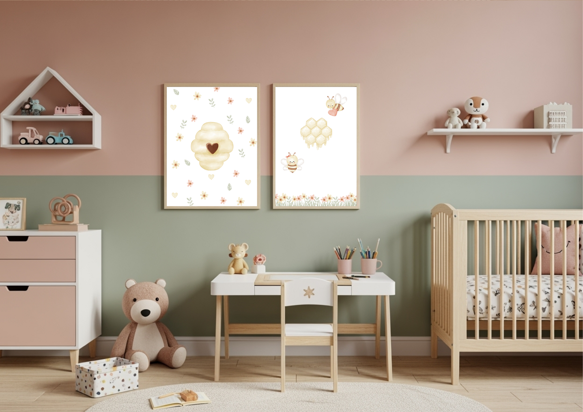 Children's room with pink and green walls, crib, desk, and toys.