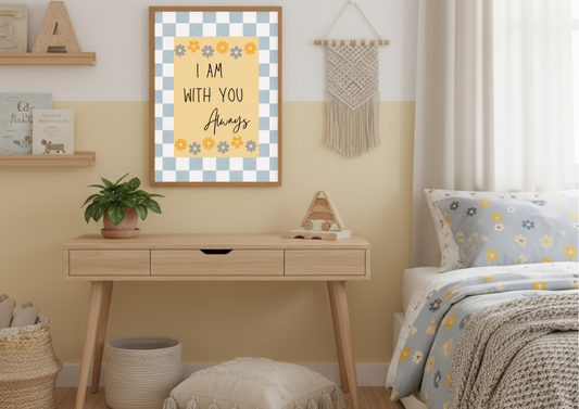 A close-up view of a child's desk area with a wall painted half white and half pastel yellow. The framed I Am With You Always print with a blue checkered border hangs above a light wood desk. The desk is styled with a potted plant and wooden toy, and the corner of a bed with blue and yellow floral bedding is visible on the right.