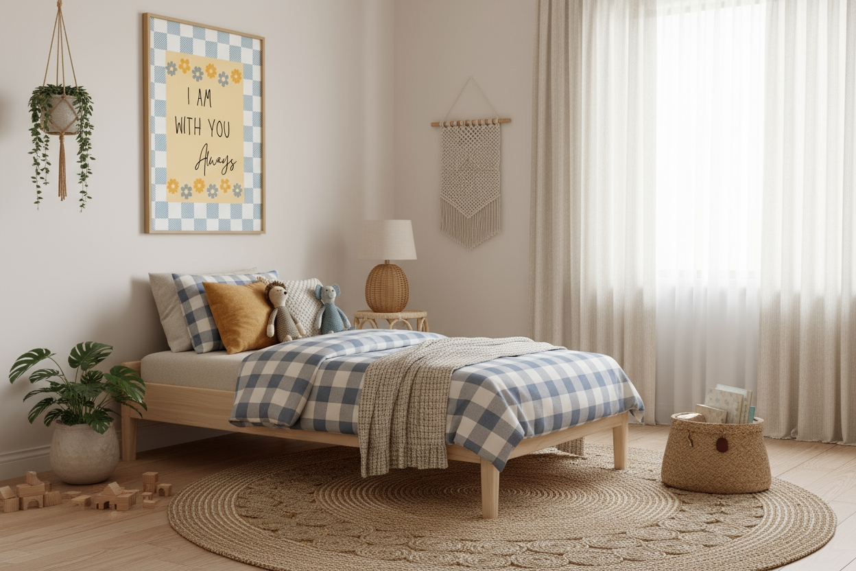 A child's bedroom with a light wood bed dressed in blue and white checkered bedding. The framed "I Am With You Always" Christian nursery art hangs above the bed. The room features a large round jute rug, hanging and potted plants, a woven bedside lamp, and a macrame wall hanging.