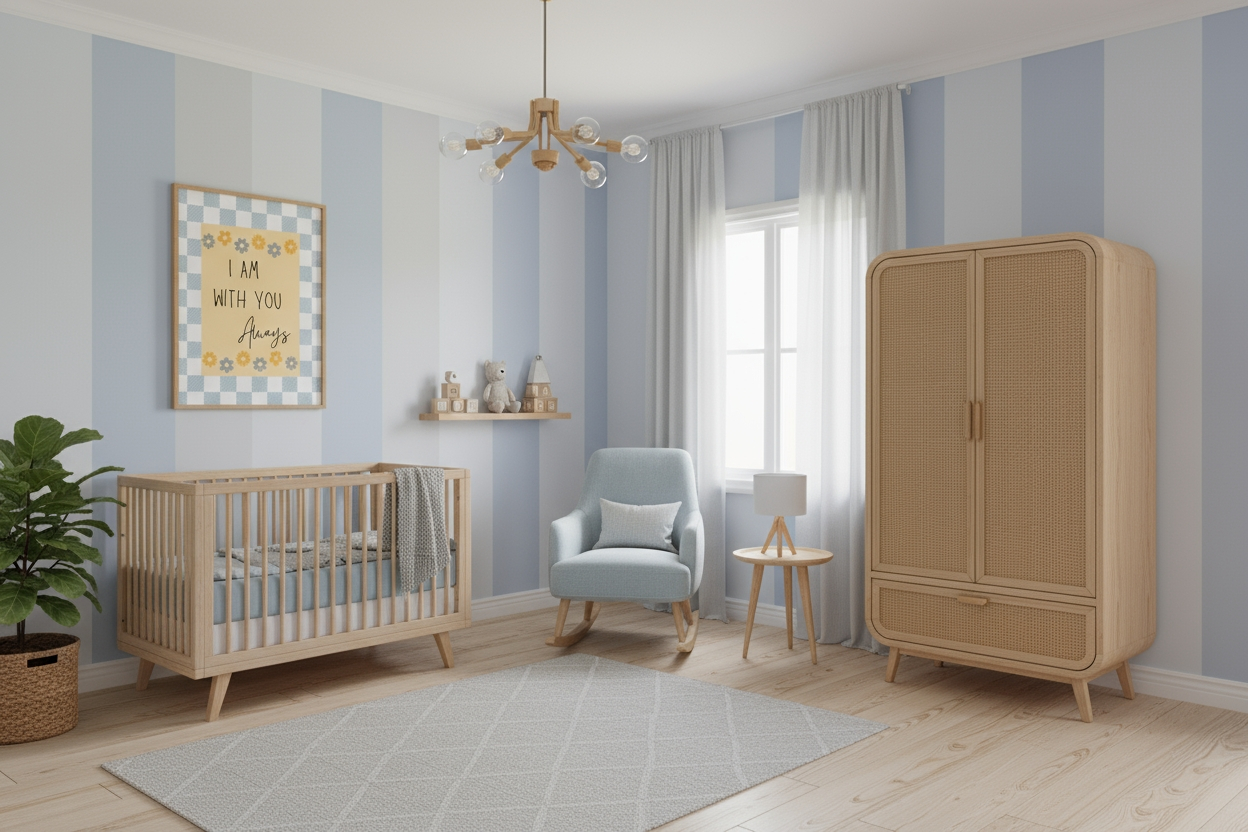 A bright baby nursery with walls painted in vertical light blue and white stripes. The framed I Am With You Always Christian print is centered above a light wood crib. The room features a cane wardrobe, a light blue rocking chair, a small floating shelf, and a geometric pattern gray rug.