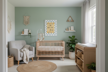 A tranquil, gender-neutral nursery with sage green walls. The framed "I Am With You Always" Christian art hangs above a light wood crib. The room features a gray armchair, a light wood changing table, a large round jute rug, white floating shelves, and macrame wall hangings.