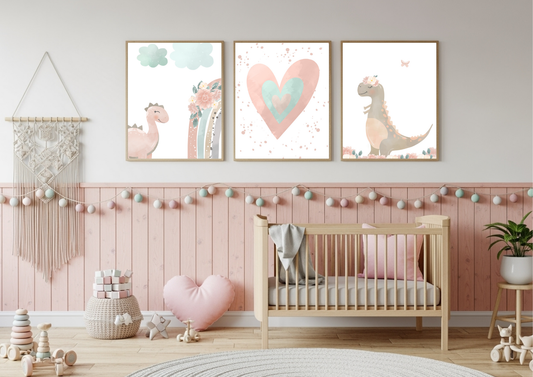 Children's room with a crib, decor elements, and wall art.