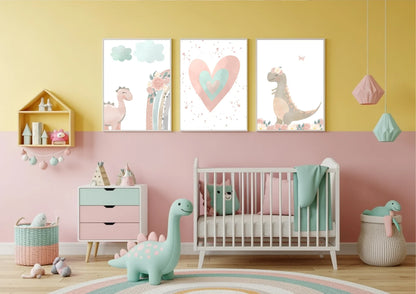 Children's room with pastel-colored walls, furniture, and decorations.