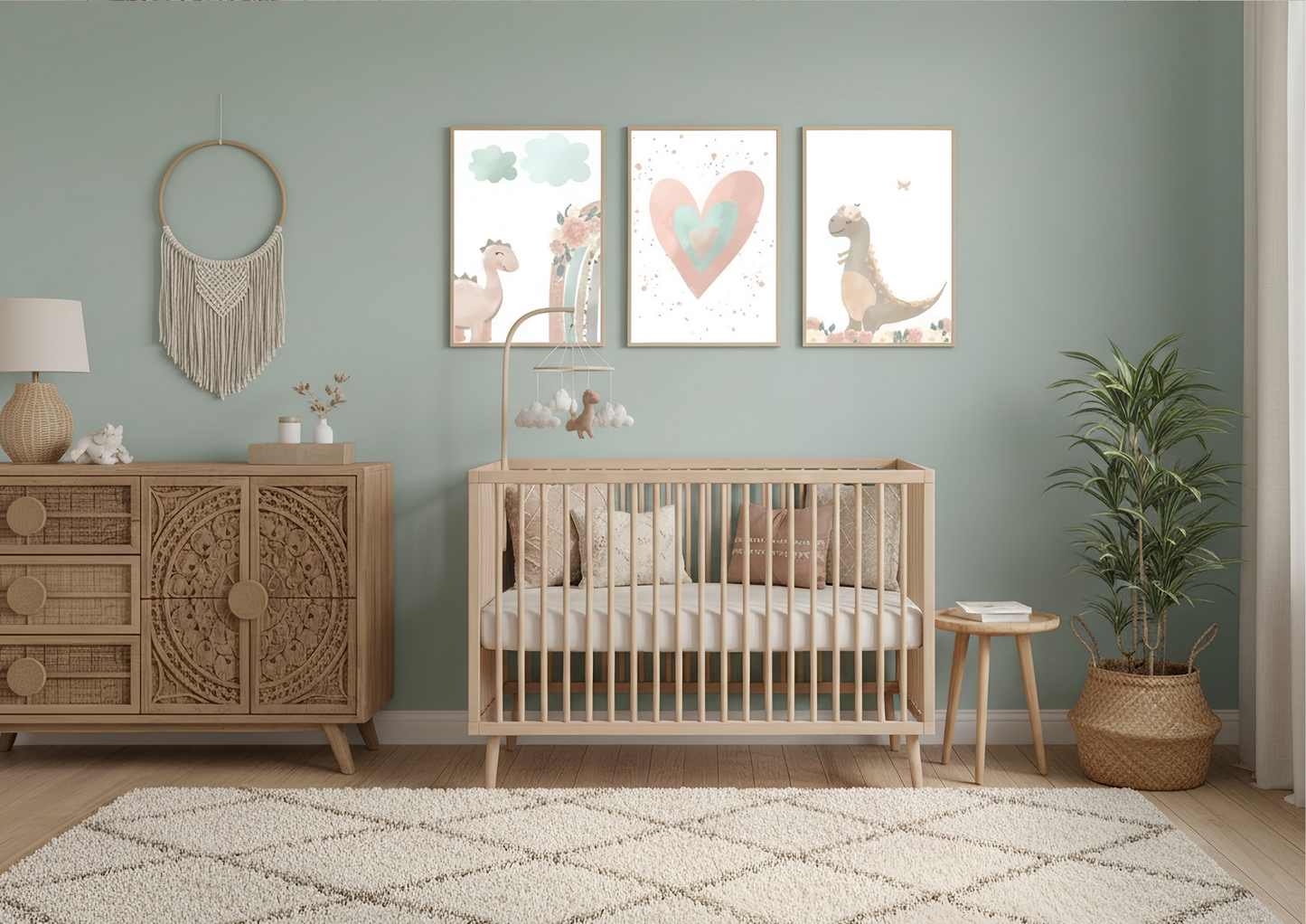 Nursery room with wooden crib, dresser, and decorative elements on a green wall.