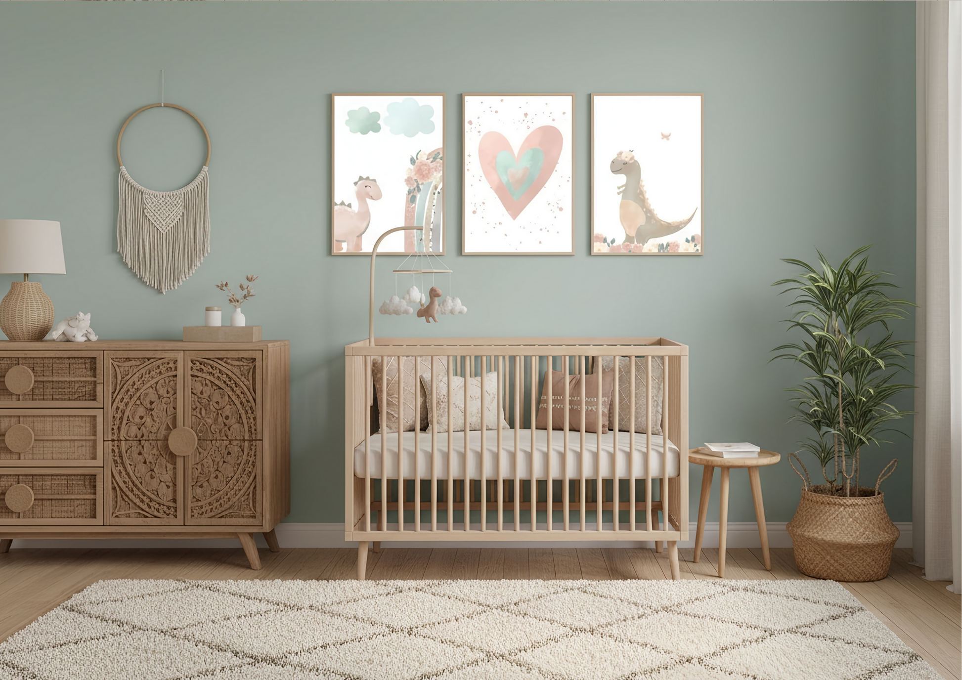 Nursery room with wooden crib, dresser, and decorative elements on a green wall.