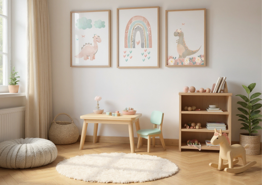 Children's playroom with framed artwork, furniture, and toys on a light wood floor.
