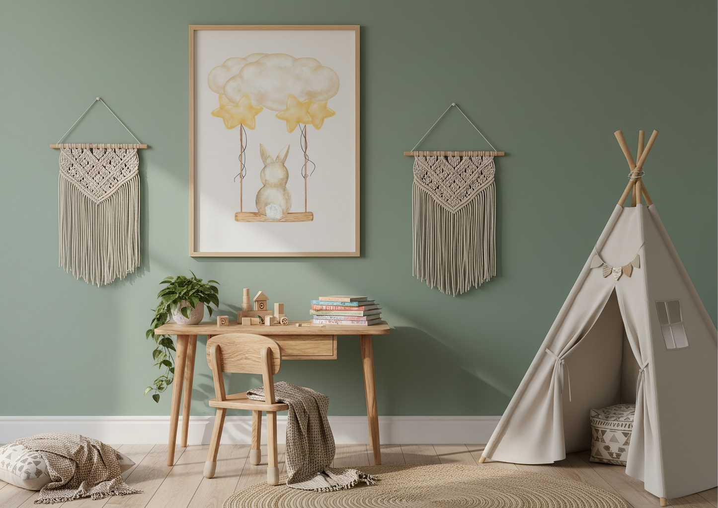 Children's room with a green wall, framed picture, macrame hangings, and a teepee.