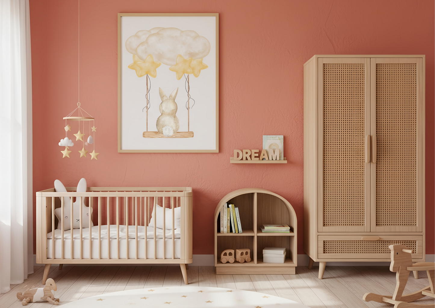 Neutral bunny nursery print | Rabbit on a swing | Sweet wall art gift