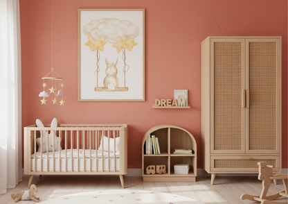 Neutral bunny nursery print | Rabbit on a swing | Sweet wall art gift