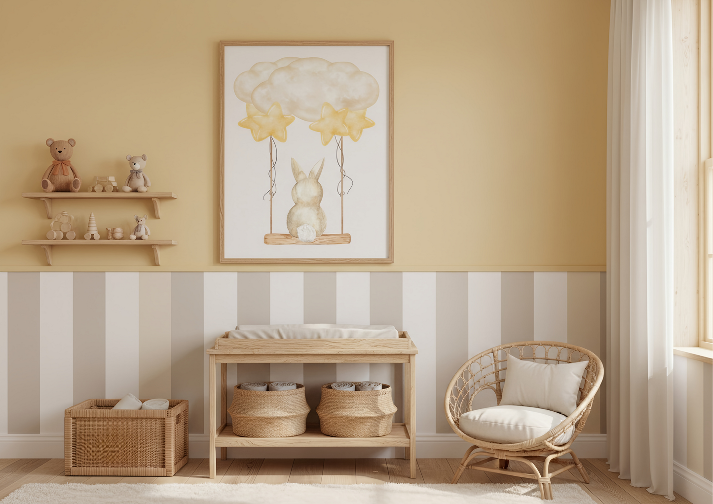 Nursery room with changing table, shelves, and wall art on a yellow and white striped wall.