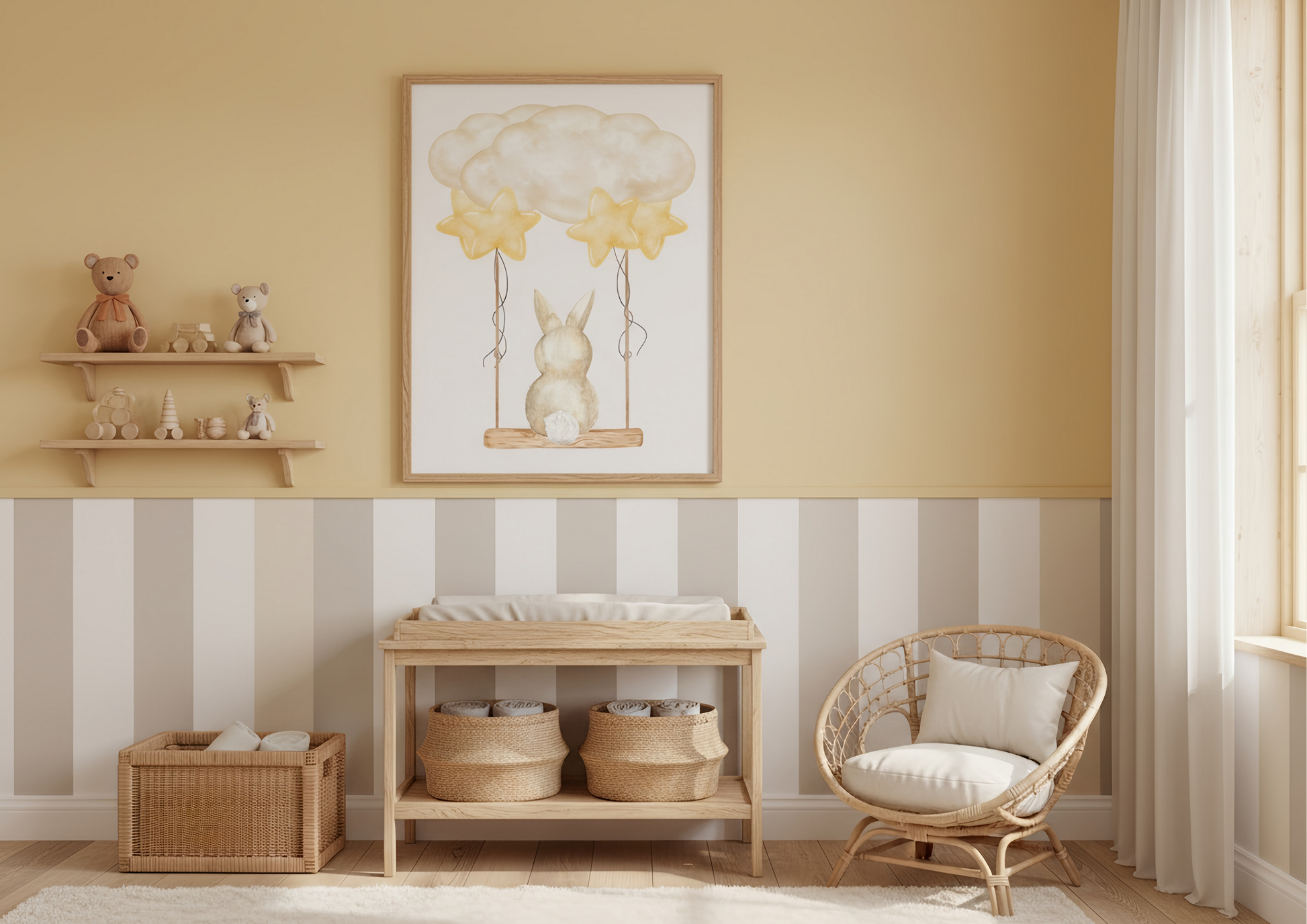 Nursery room with changing table, shelves, and wall art on a yellow and white striped wall.