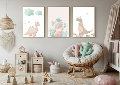 Children's room with dinosaur-themed wall art and wooden toys.