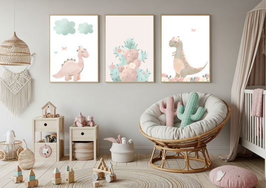 Children's room with dinosaur-themed wall art and wooden toys.