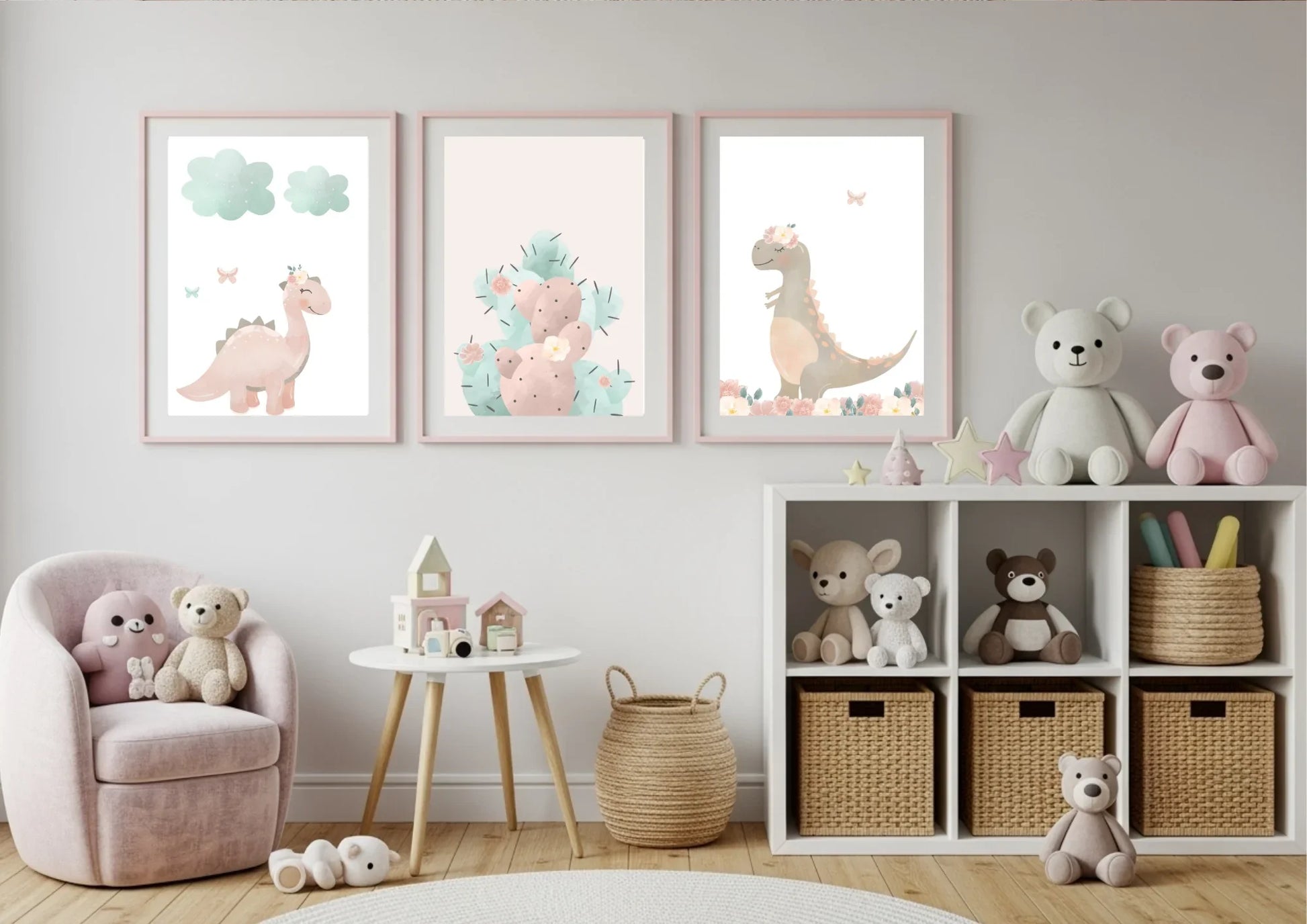 Children's room with dinosaur-themed wall art, teddy bears, and a shelf.