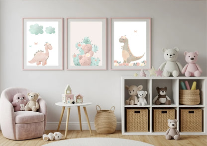 Children's room with dinosaur-themed wall art, teddy bears, and a shelf.