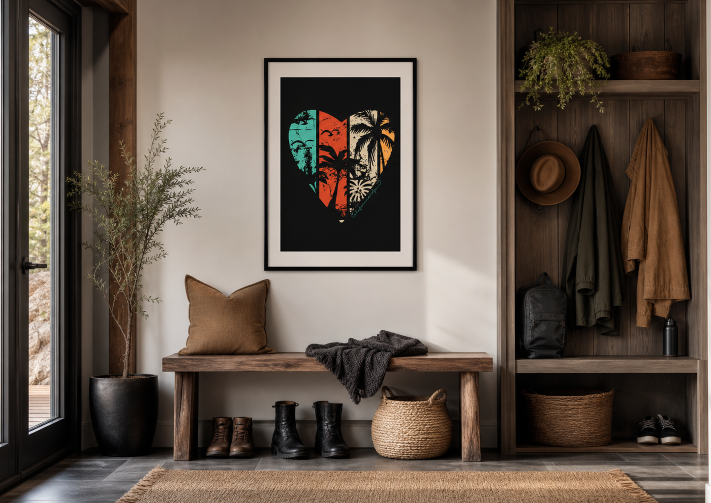 A framed vertical art print hanging on a wall in a mudroom or entryway, featuring a heart-shaped graphic with a retro California beach theme, including palm trees and a distressed color palette. The print is centered above a wooden bench, which holds a throw blanket and a decorative pillow. Below the bench are boots and a woven basket. To the left is a potted plant and a large window, and to the right is a coat rack with hats, jackets, and a backpack.