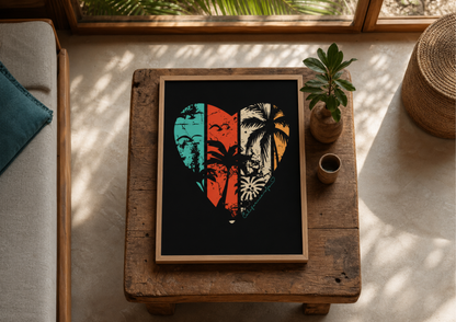 A high-angle shot of a framed California-themed art print resting on a rustic wooden coffee table. The vertical print features a distressed, heart-shaped graphic filled with vintage-style palm trees and beach imagery on a black background. Next to the print is a small potted plant and a ceramic cup. The table is set in a sunlit room with a couch visible to the left and a woven pouf to the right.