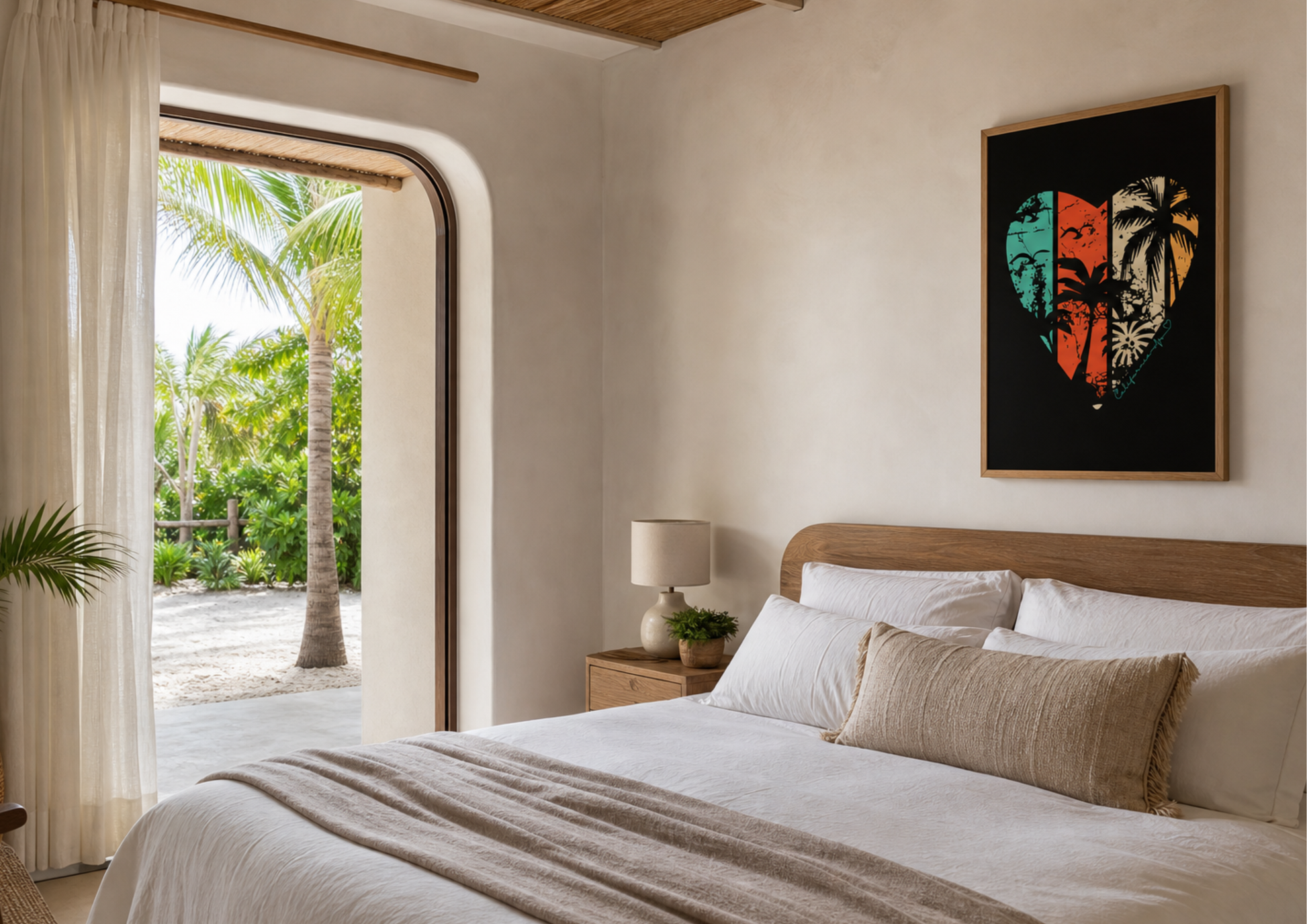 A framed vertical art print hanging on a wall above a wooden headboard in a bedroom, featuring a retro California beach-themed graphic with a heart shape and palm trees. The bed is styled with white linen and a tan pillow. To the left, an open arched doorway reveals an outdoor tropical garden with palm trees, framed by a sheer white curtain. A small bedside table holds a lamp and a plant.