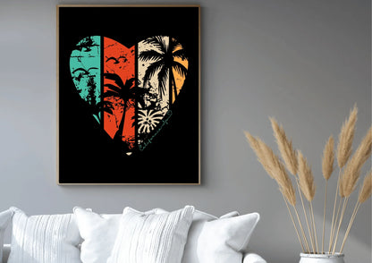 Framed artwork with a heart design featuring tropical elements on a gray wall above a white sofa.
