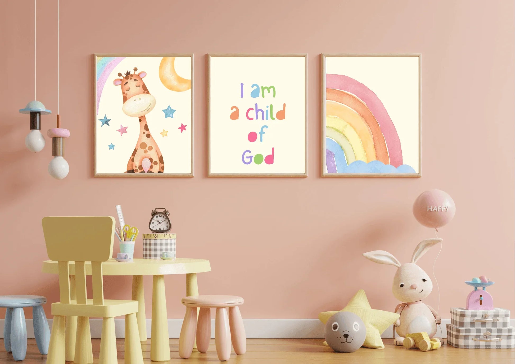 Set of three religious nursery art, featuring a watercolour giraffe and rainbow with the quote " I am a child of God"