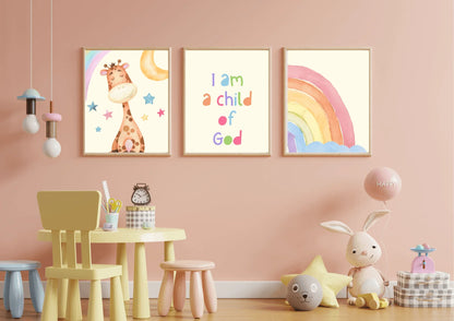 Set of three religious nursery art, featuring a watercolour giraffe and rainbow with the quote " I am a child of God"
