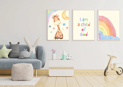 Set of three religious nursery art, featuring a watercolour giraffe and rainbow with the quote " I am a child of God"