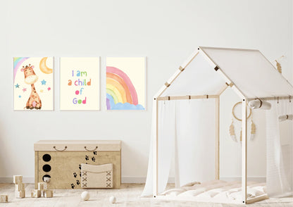 Set of three religious nursery art, featuring a watercolour giraffe and rainbow with the quote " I am a child of God"