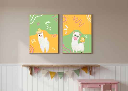 Two colorful wall art prints of llamas on a wall above a table with flags.