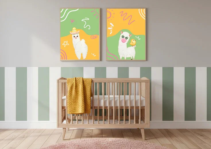 Nursery room with wooden crib, colorful llama alpaca wall art, and striped wallpaper.