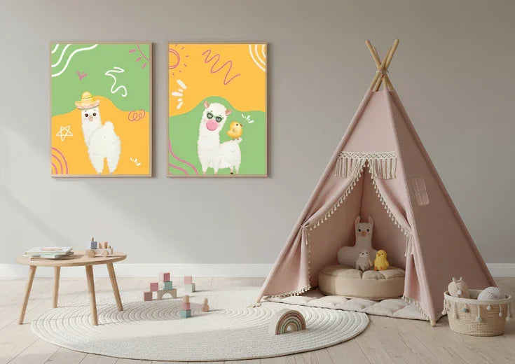 Children's room with a pink teepee, toys, and wall art of cartoon llamas.