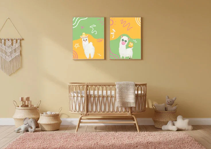 Nursery room with two colorful wall hangings of cartoon llamas above a crib.