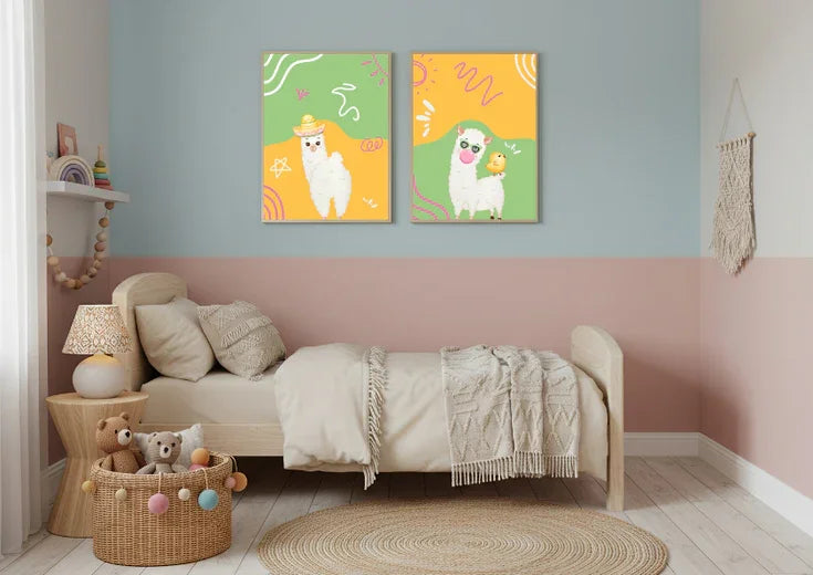 Children's bedroom with two colorful wall posters of cartoon llamas, a bed, and decorative items.