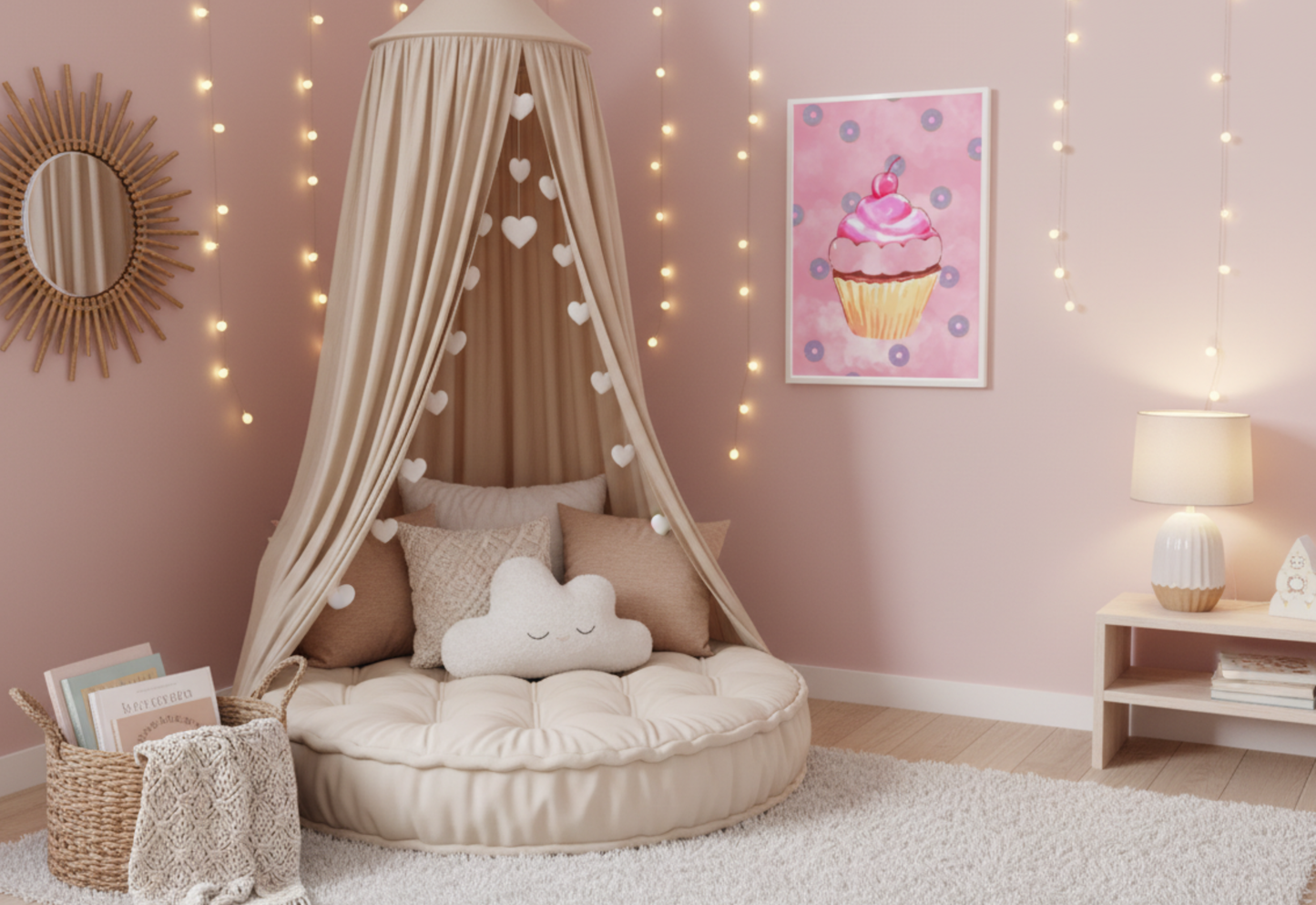 A photorealistic photograph of a cozy, whimsical nursery nook with soft pink walls and light wood flooring covered by a plush white rug. The central feature is a large, round cream-colored tufted floor cushion nestled under a draped beige fabric canopy decorated with small white hanging hearts. Several textured pillows in shades of tan and white, including a plush cloud-shaped pillow with a sleeping face, are arranged on the cushion. To the right, a print of a pink watercolor cupcake.