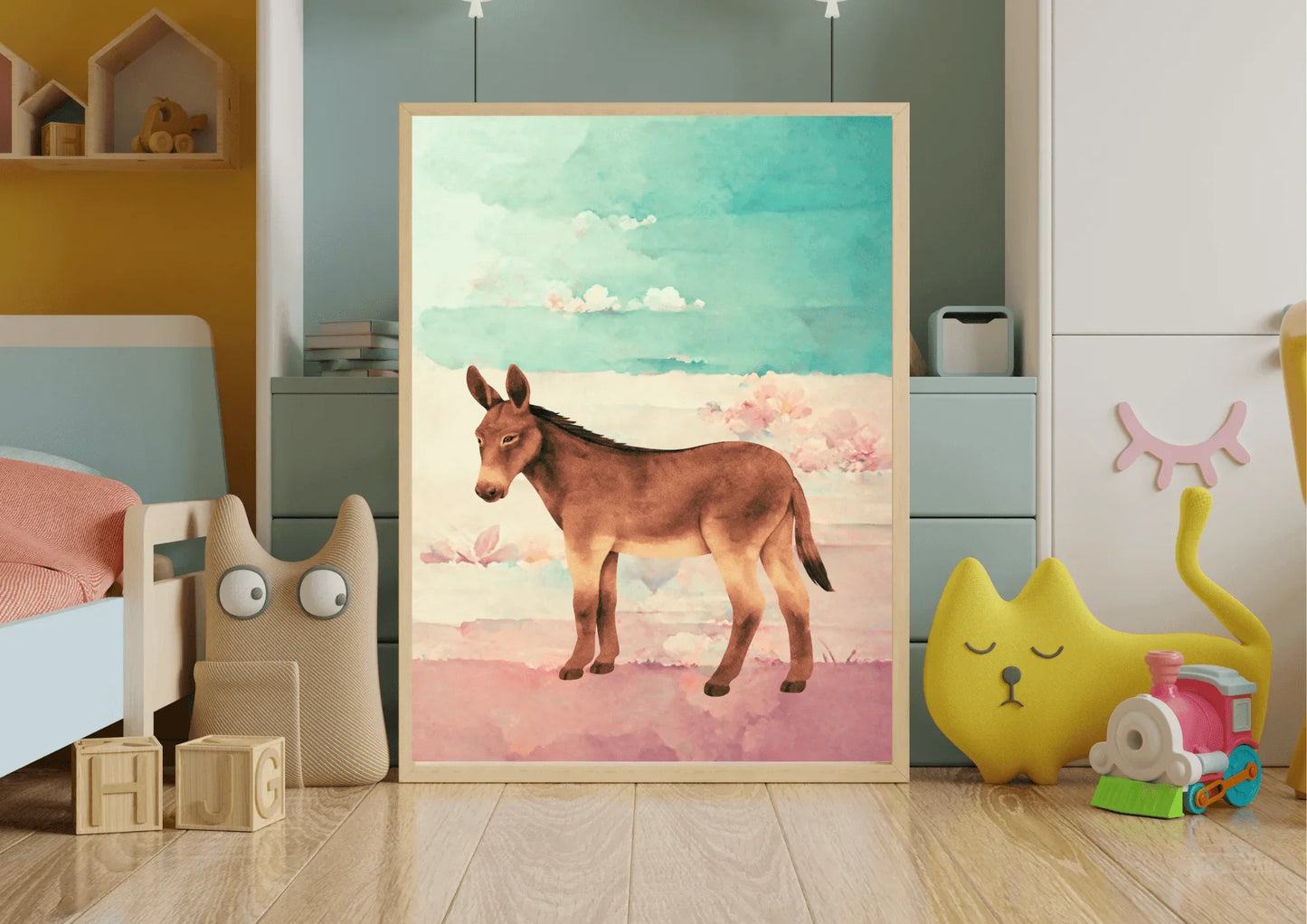 Framed illustration of a donkey in a child's room with toys and furniture.