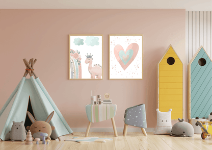 A fun and playful kid's room with a light pink wall. Two framed prints hang above a small table, featuring a watercolor heart and a cute pink dinosaur with a crown. The room also includes a light blue teepee tent, colorful toy houses, and various stuffed animals, creating a cozy and imaginative space.