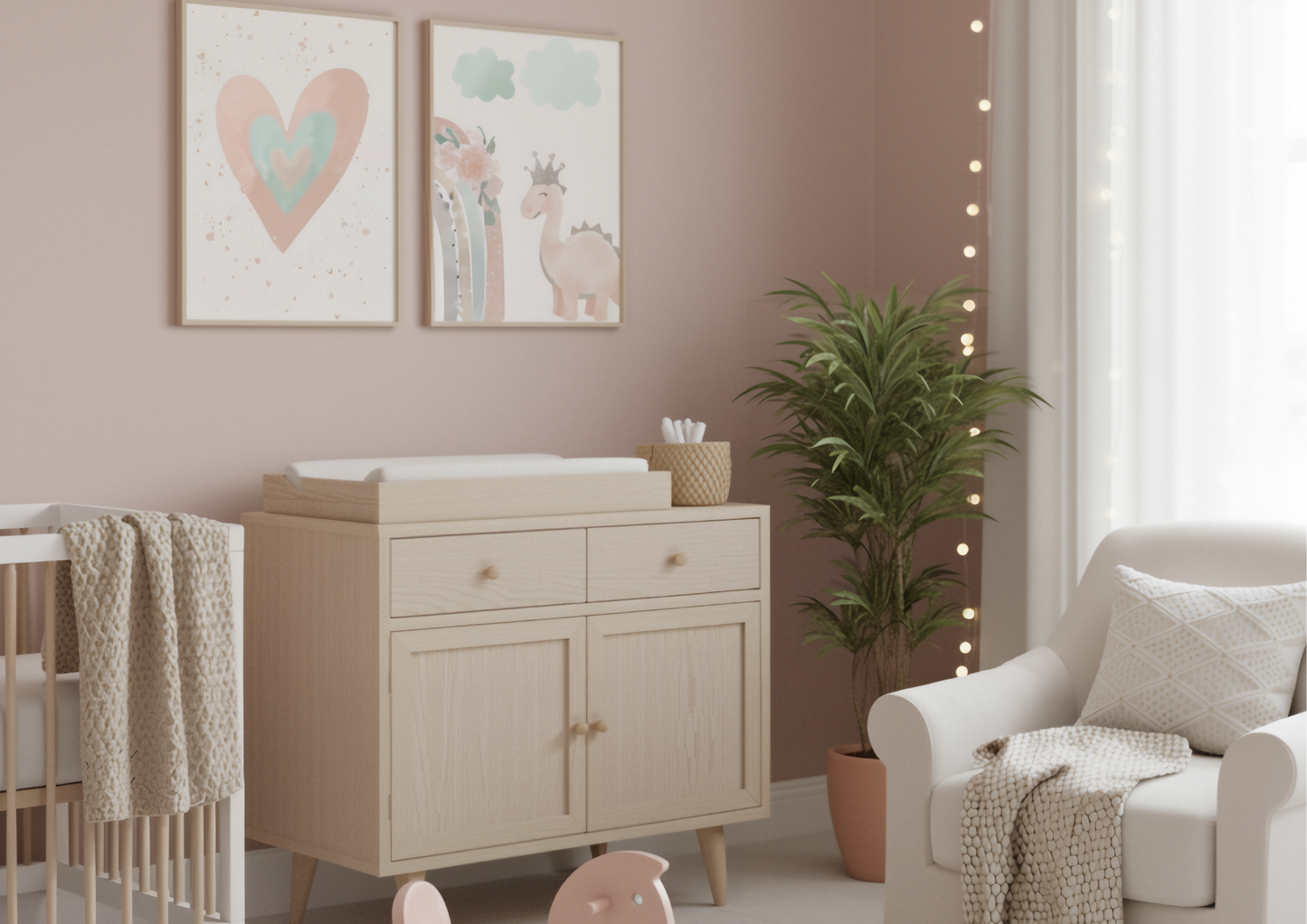 
A close-up of a modern nursery featuring a light wood changing table with a changing pad on top. On the pink wall above it, two framed prints show a watercolor heart and a cute pink dinosaur with a crown, adding a soft, whimsical touch to the room.