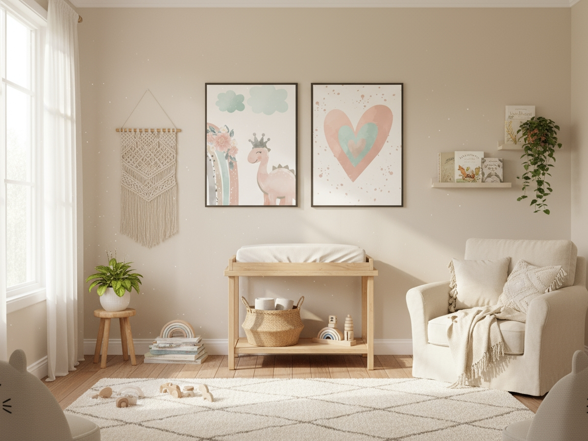 A neutral-toned nursery with a light wood changing table. On the wall above it, two framed prints show a cute pink dinosaur with a crown and a watercolor heart. The room also includes a white armchair, macrame wall decor, and a small plant, creating a cozy and modern feel.