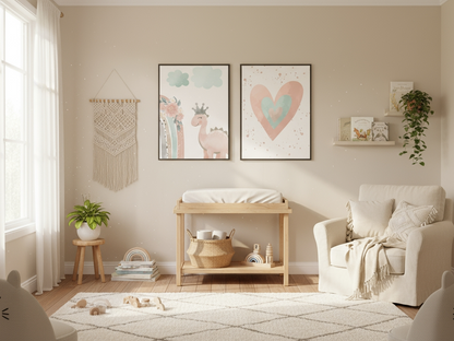 A neutral-toned nursery with a light wood changing table. On the wall above it, two framed prints show a cute pink dinosaur with a crown and a watercolor heart. The room also includes a white armchair, macrame wall decor, and a small plant, creating a cozy and modern feel.