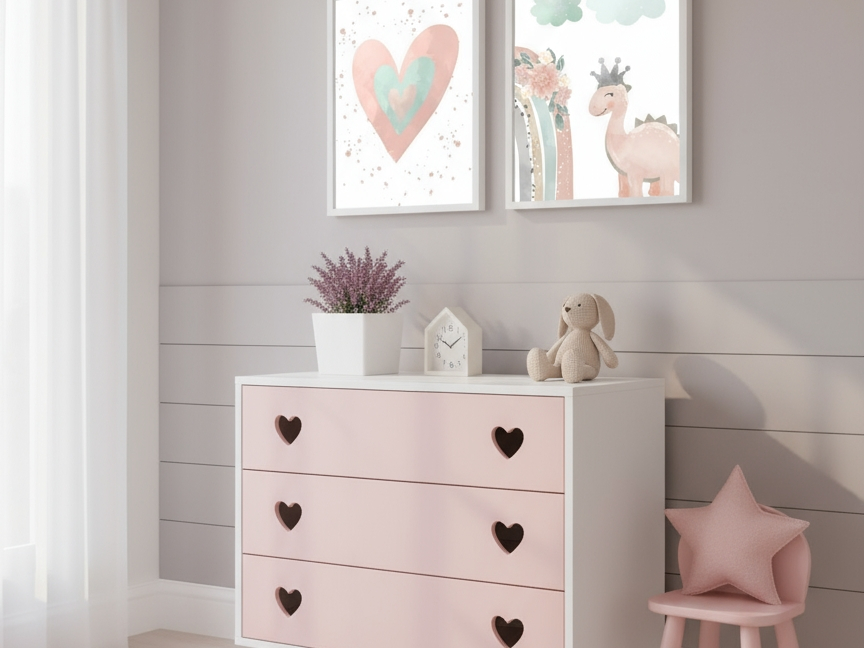 A close-up of a modern nursery with a white dresser that has pink drawers and heart-shaped handles. On the wall above, two framed prints show a watercolor heart and a cute pink dinosaur with a crown, adding a charming and playful touch to the room.