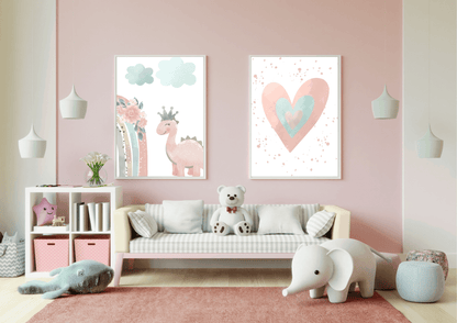 A colorful and modern playroom with a pink wall. Two framed prints show a cute pink dinosaur with a crown and a watercolor heart. The room also features a small sofa with a teddy bear, a white shelf with storage bins, and hanging pendant lights, creating a fun and inviting space.